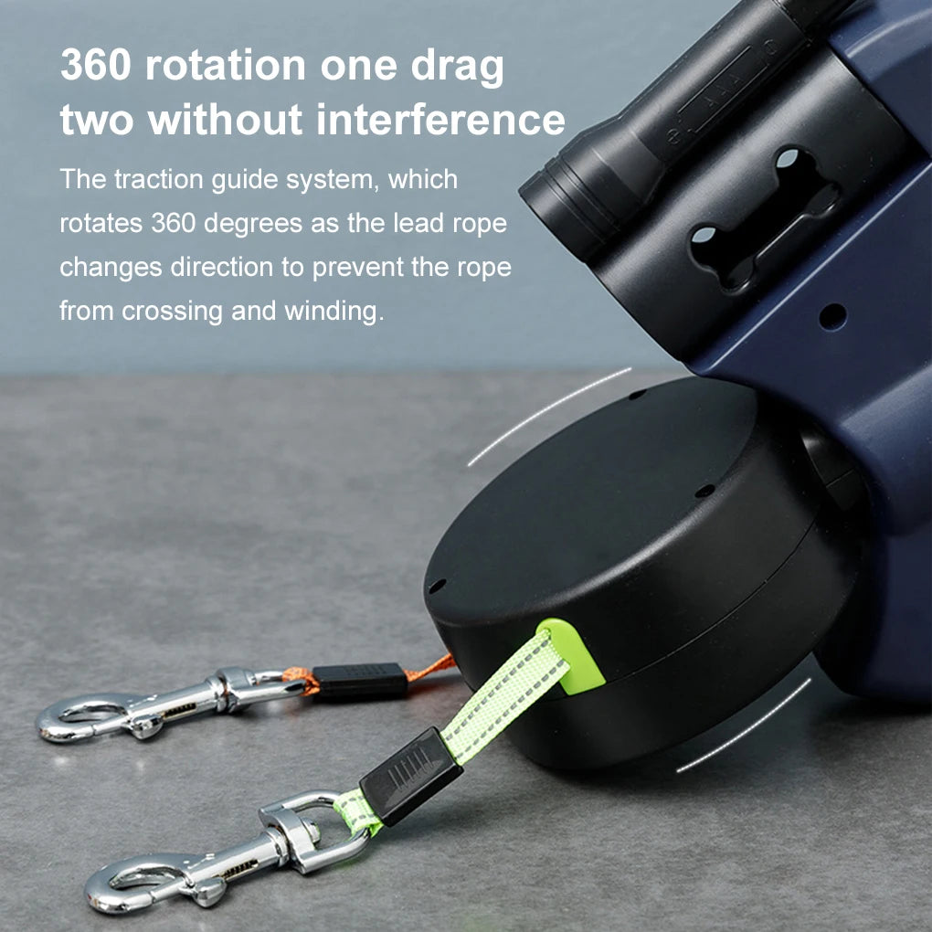 Retractable Dual Doggie Leash with LED Light, 360 Swivel No Tangle for Each Dog Independent Braking with Reflective Leads
